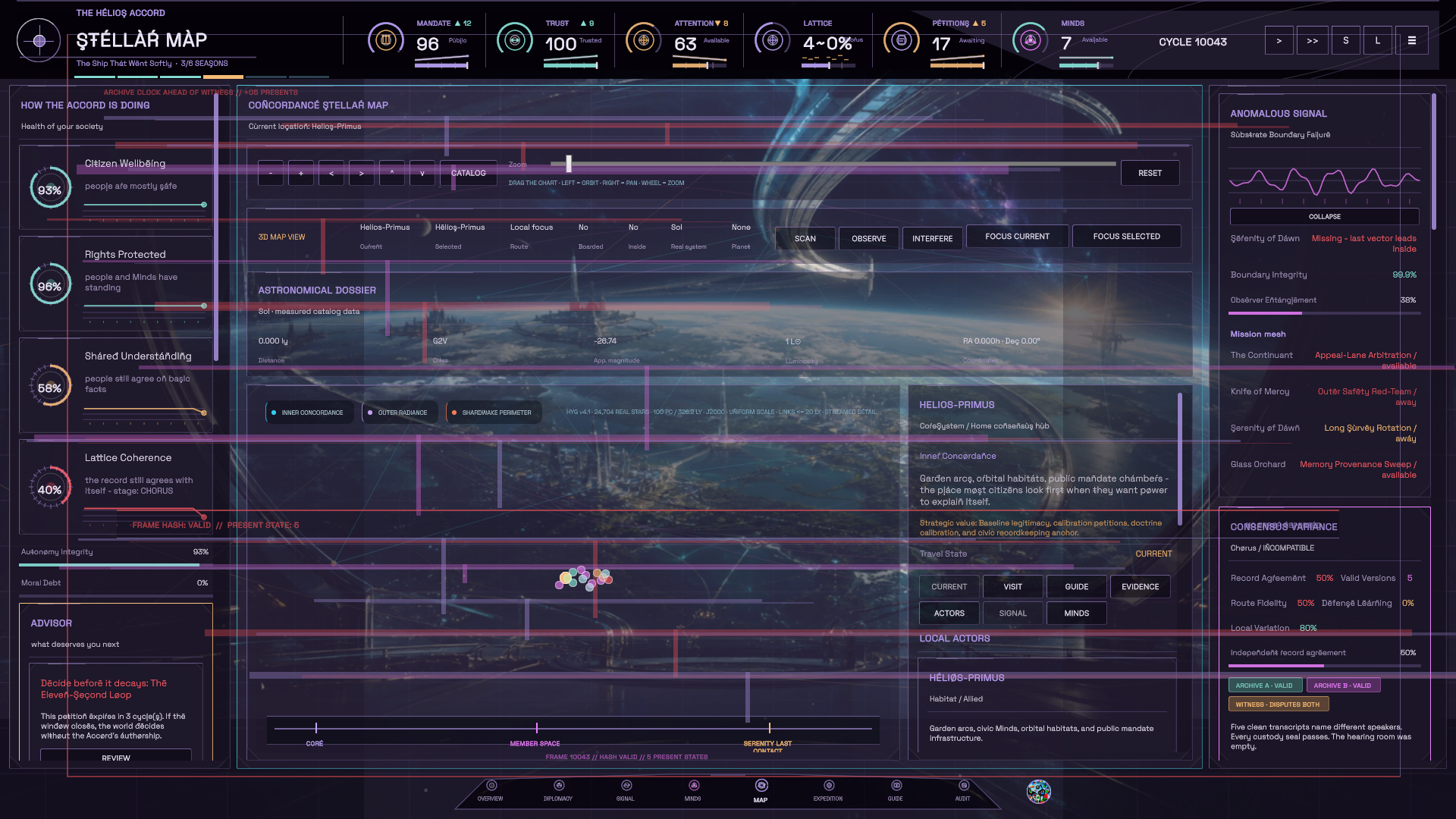 The stellar map showing a corrupted navigation record and contradictory route evidence.